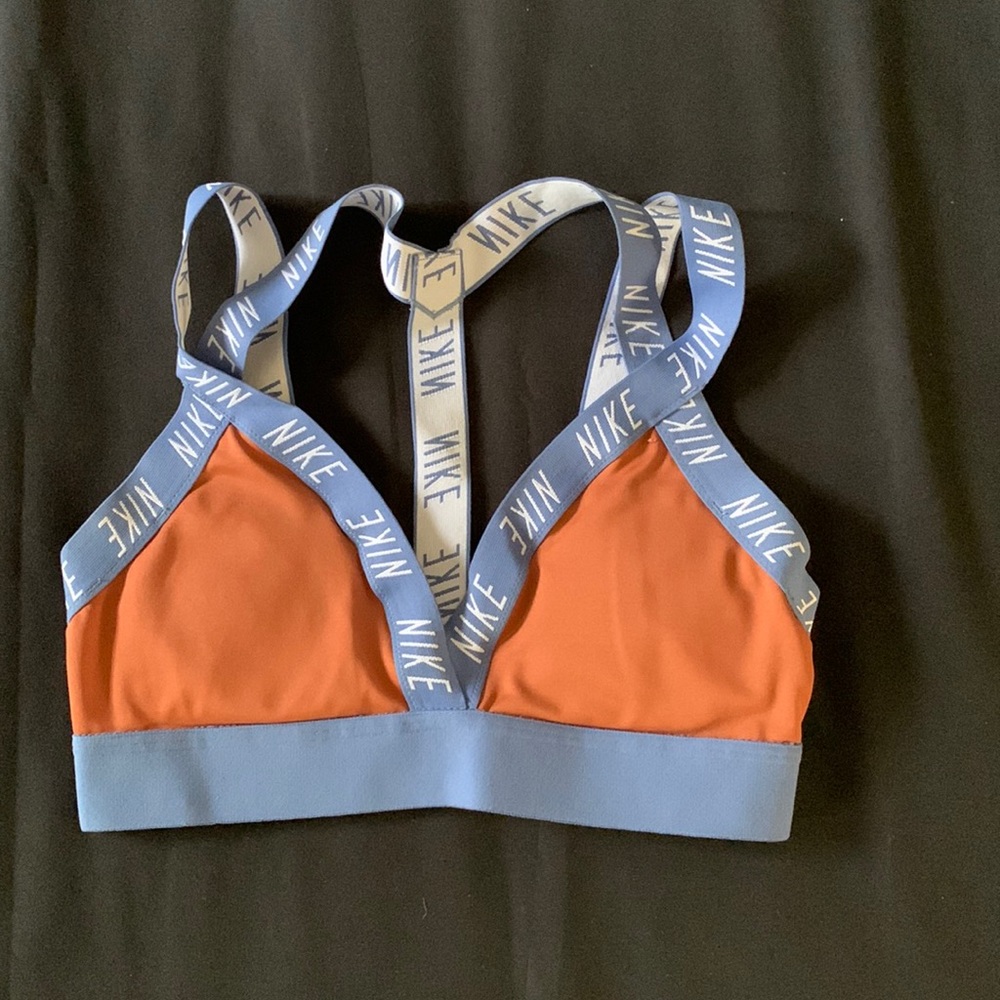 NIKE SPORTS BRA, TERRACOTTA BROWN/LIGHT BLUE/ WHITE